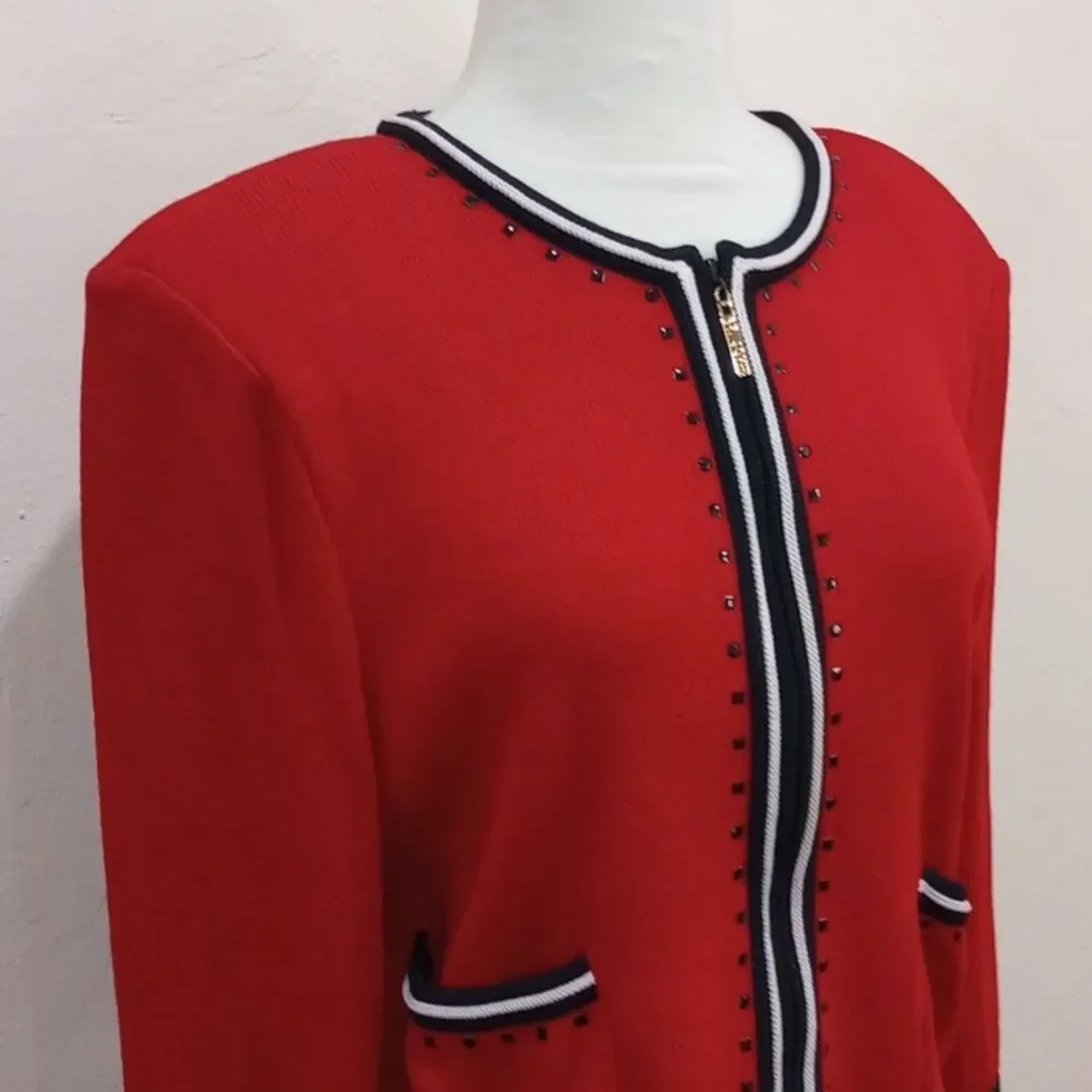 St. John Collection By Marie Gray Red Knit Zip Front Blazer Cardigan Sweater 8